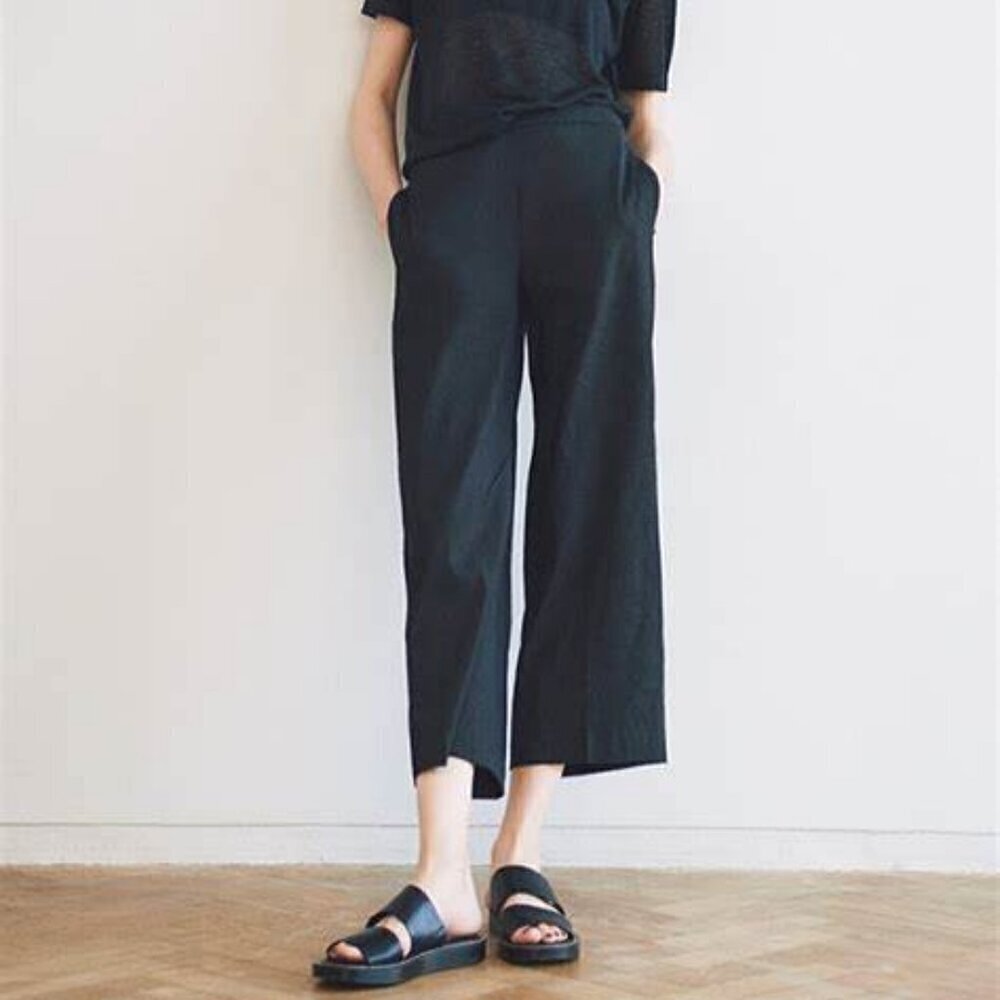 Women's Linen Blend Cropped Pants High Rise Eco Crunch Wash Lagenlook Office